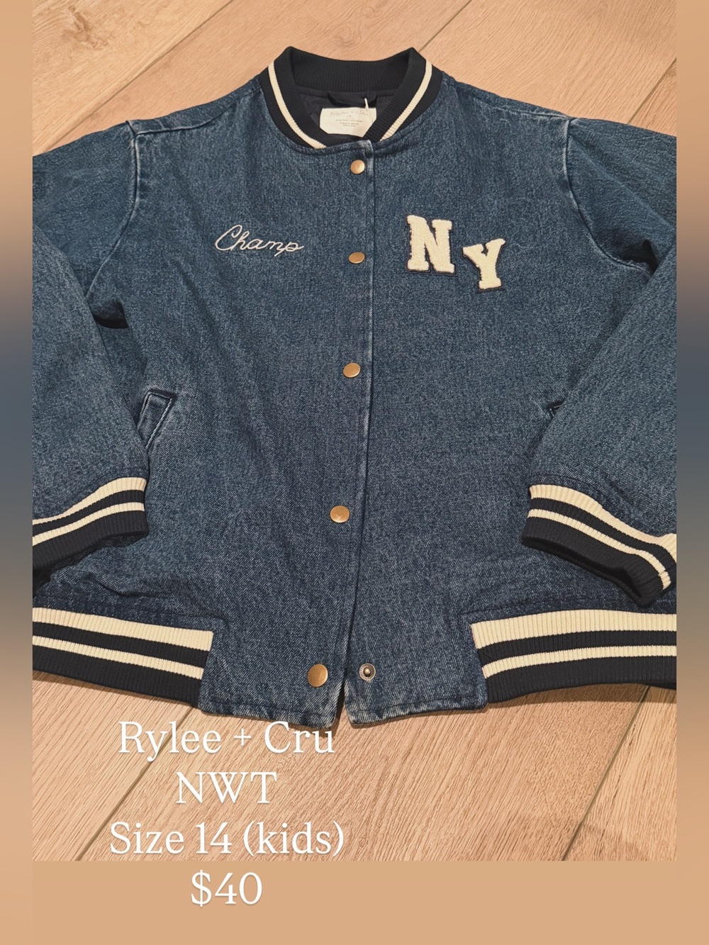 Rylee + Cru Navy Denim Varsity Jacket with Cream Accents